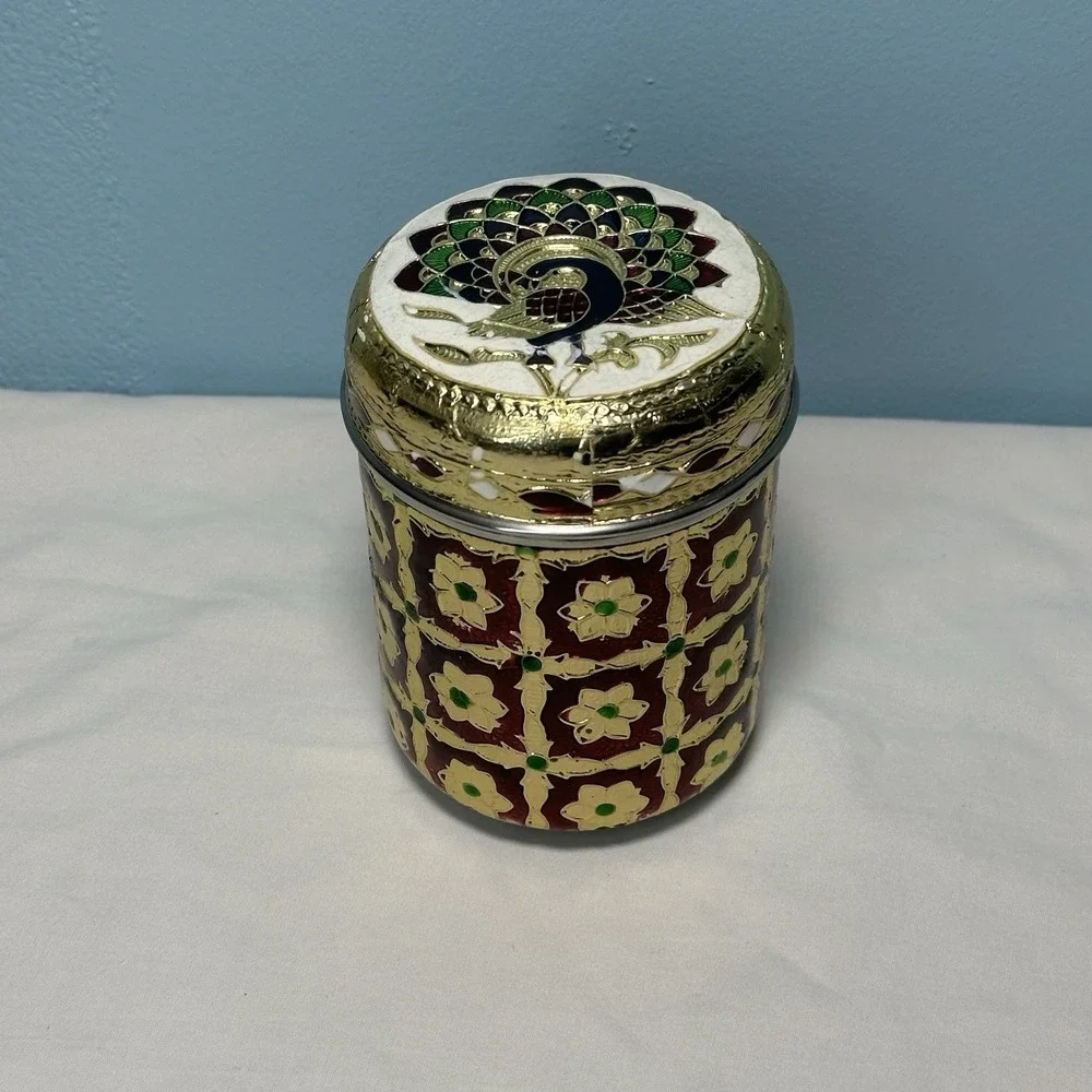 Meenakari Stainless Steel Box Peacock Lid Indian Decorative Canister Dabba
